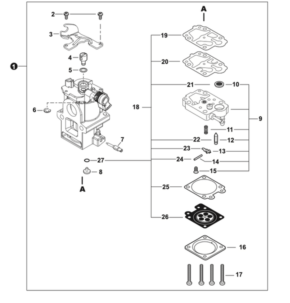 Echo PB-7910T, 7910H, Shindaiwa EB-790, 790RT Carburetor WYAB-2 (Fig 1) New OEM A021005630