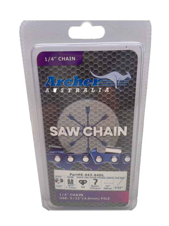 12" Archer 64 Drive Links Semi Chisel Chain Loop .043 1/4 64 dl Carving Chain