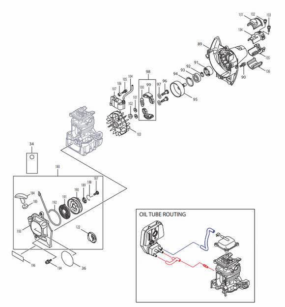 Makita EM2650, 2652, EX2650, EE2650, EY2650, EN4950, EN5950, ME246.4, Dolmara CS-246.4 Recoil Starter Set, (Fig No. 183) New Oem 195308-6