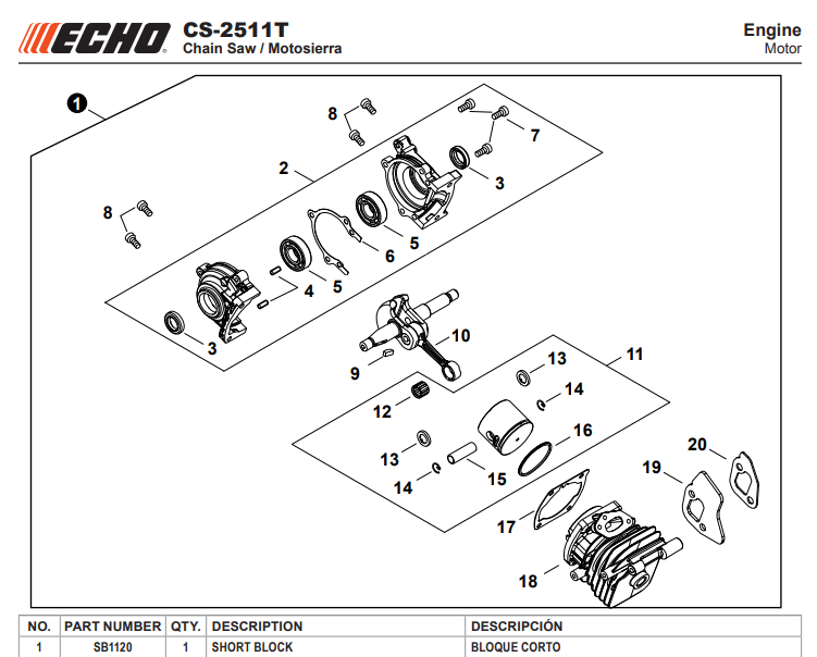 Echo Cs 2511T, 2511P, 2511TN, 2511PN Engine Short Block New Oem Sb1120