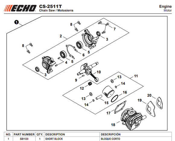 Echo Cs 2511T, 2511P, 2511TN, 2511PN Engine Short Block New Oem Sb1120
