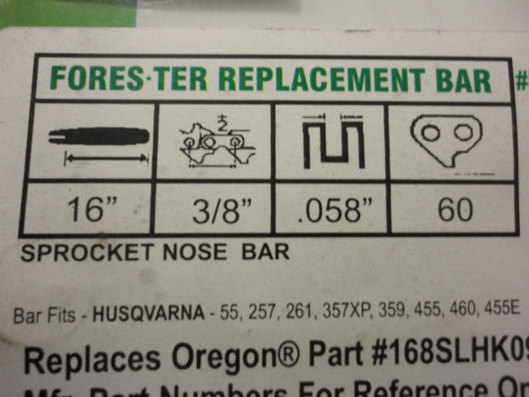 16" Forester Brand Bar And Chain Combination .058 3/8 Fits Husqvarna