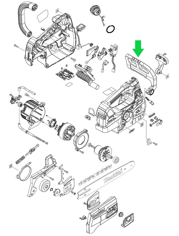 Makita GCU01, GCU02, GCU03 40V max XGT Cordless Top Handle Chainsaw, Front Hand Brake Guard Complete New OEM 141E63-8