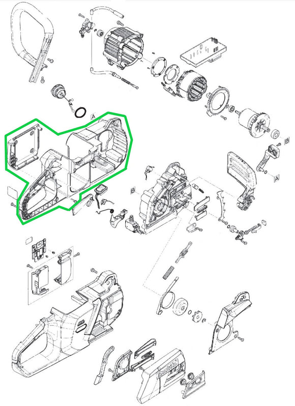 Makita GCU04, GCU05, GCU06 40V max XGT Cordless Chainsaw Housing L Assembly, New OEM 136689-9