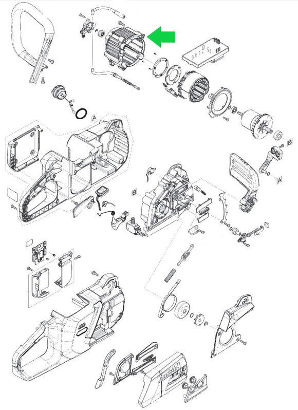 Makita GCU04, GCU05, GCU06 40V max XGT Cordless Chainsaw Motor Housing, New OEM 413C89-1