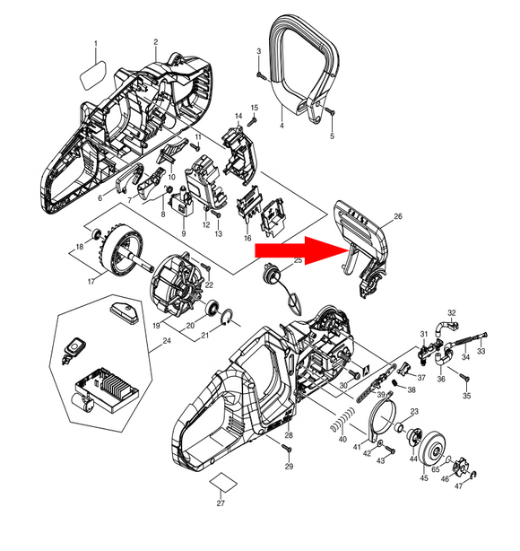 Makita XCU03, XCU04 Cordless Chainsaw Front Chain Brake Hand Guard New OEM 140A11-0 Replaces 1442334-6